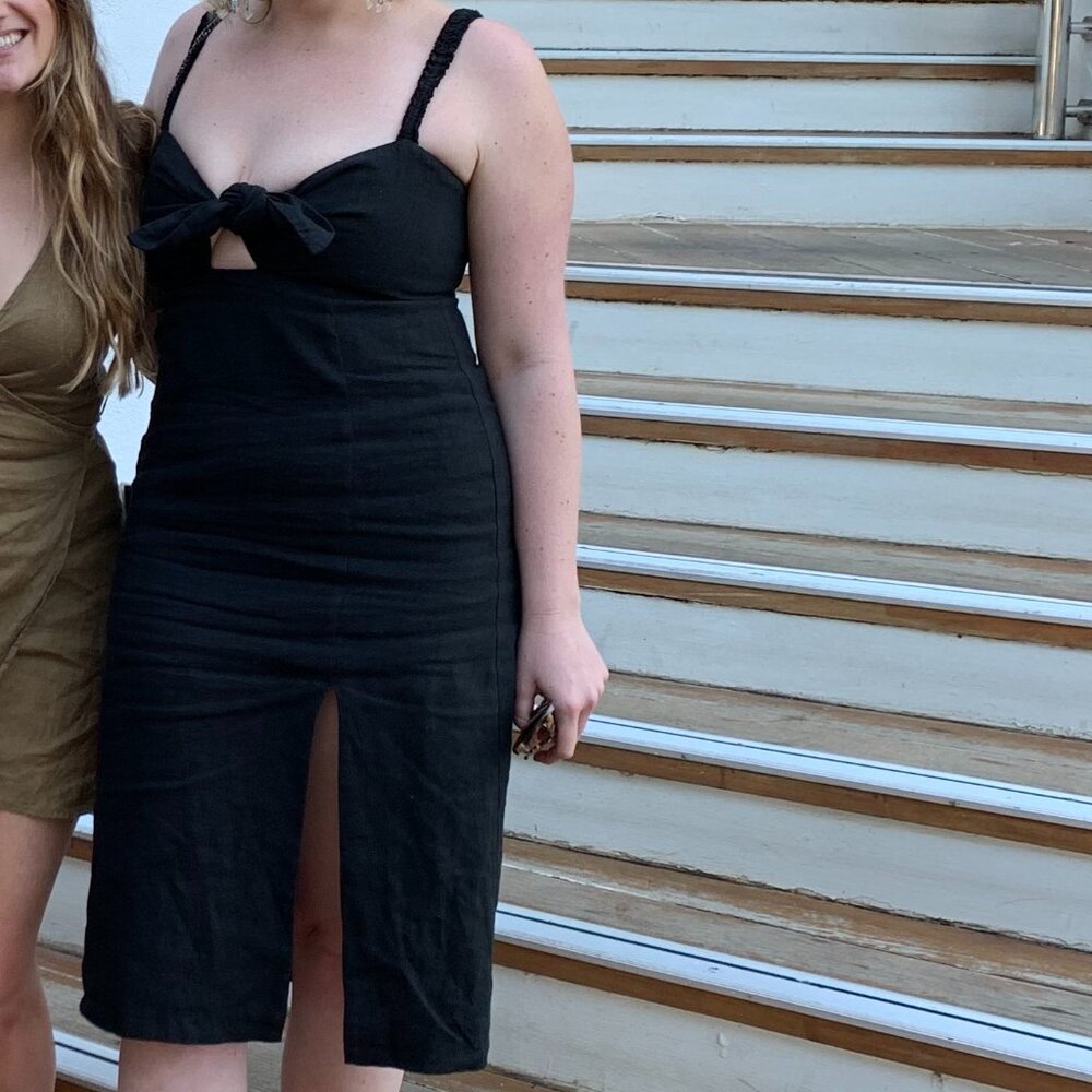 Venroy Australia Black Linen Adjustable Tie Front Midi Dress